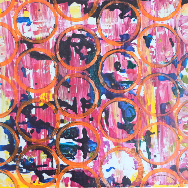 Untitled pink orange and blue painting with circles and drips by Caitlin Wheeler Art June 2018