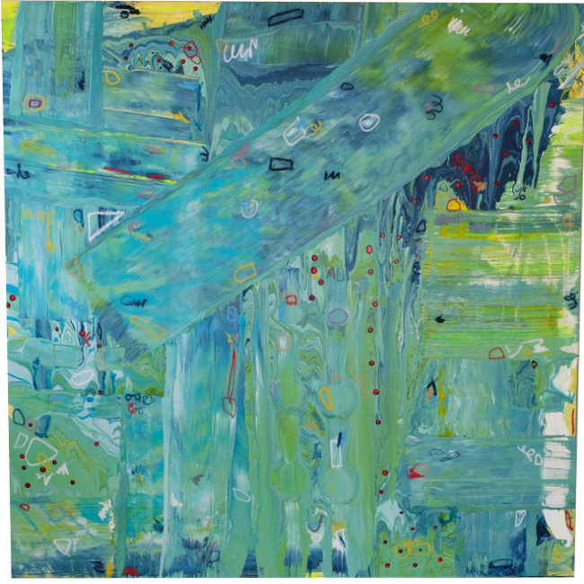 Large predominately green blue and yellow painting by Caitlin Wheeler Art