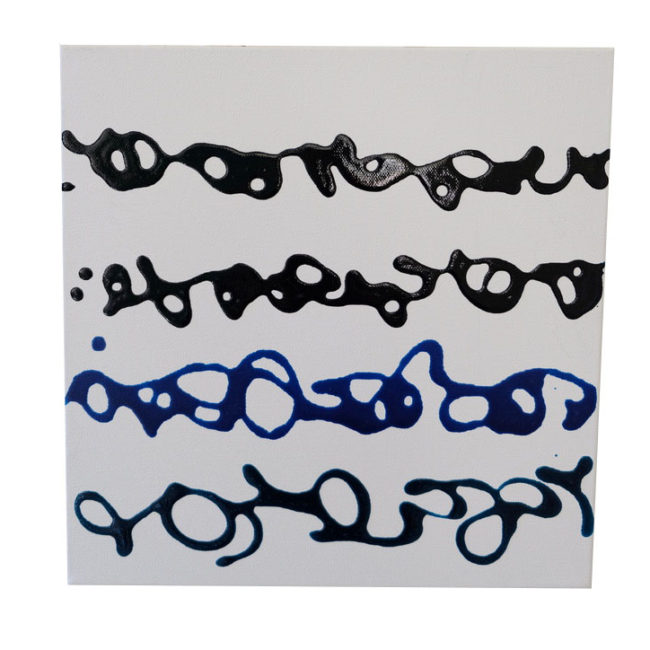 Original painting by Caitlin Wheeler comprised of black and blue script-like rows on canvas